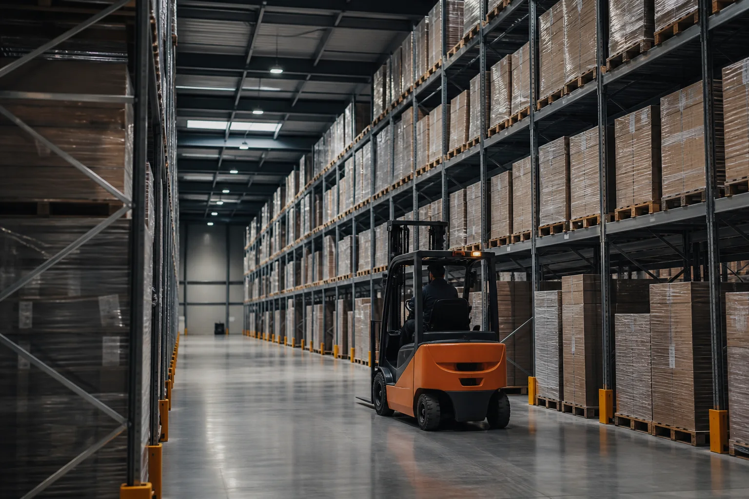 Raf sistemleri ve forklift bulunan lojistik deposu