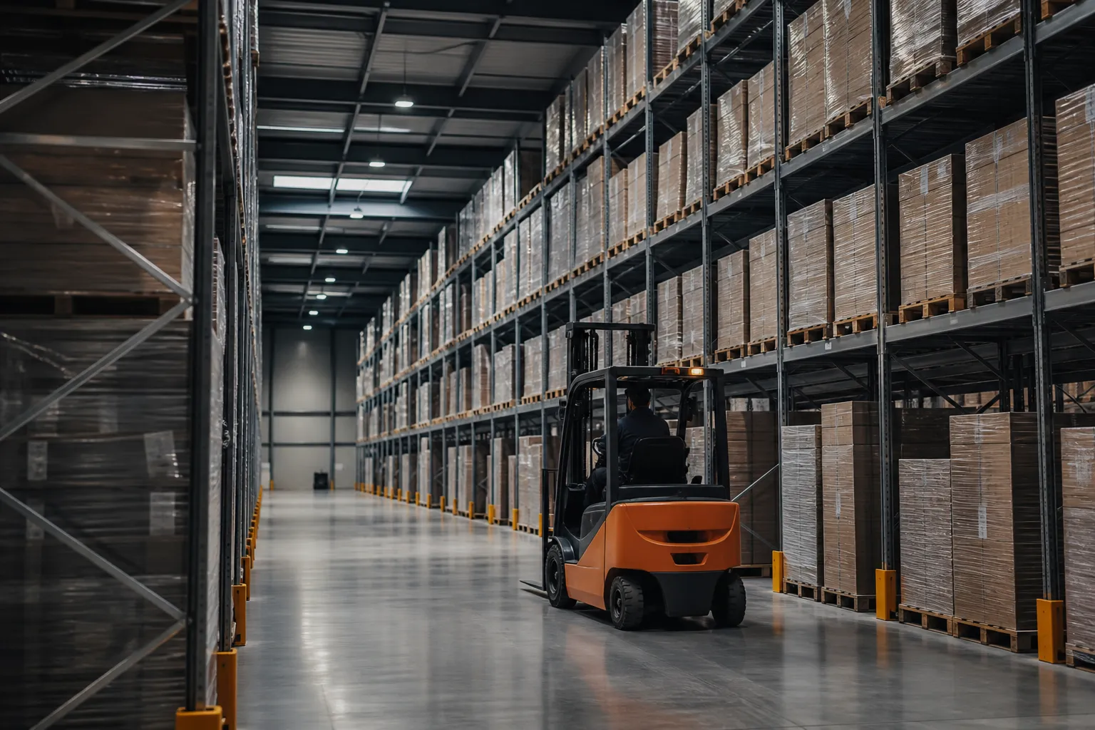 Raf sistemleri ve forklift bulunan lojistik deposu